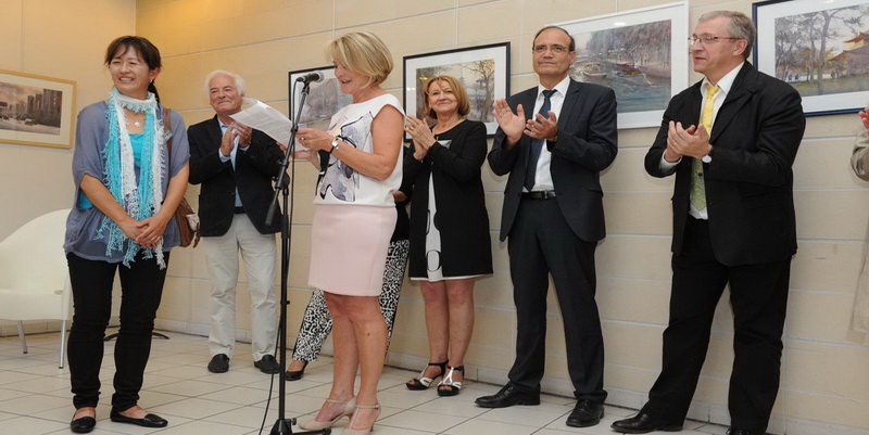 De Gauche à droite : Mme Lhonoré, Keiko Tanabé, Roland Palmaerts, Odette Feller,Nicole Zeimet, Mr Pascal LABELLE, Adjoint en charge de la culture de la ville de Reims, Mr Herbillon directeur du Conservatoire